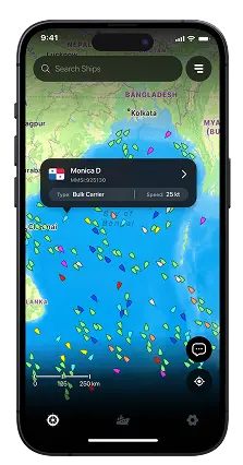 MarineRadar app on mobile showing live vessel tracking